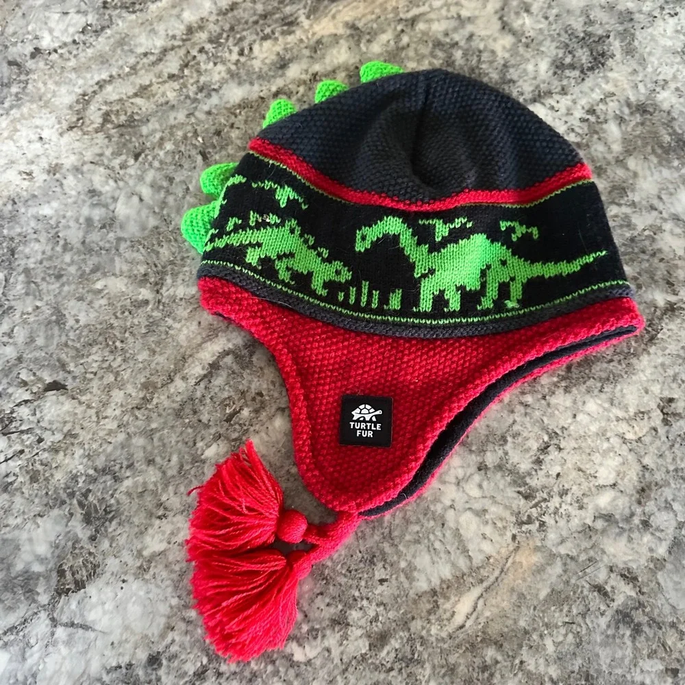 Turtle Fur Kids Dinosaur Knit Trapper Hat Fleece Lined Earflap Beanie Red Black
